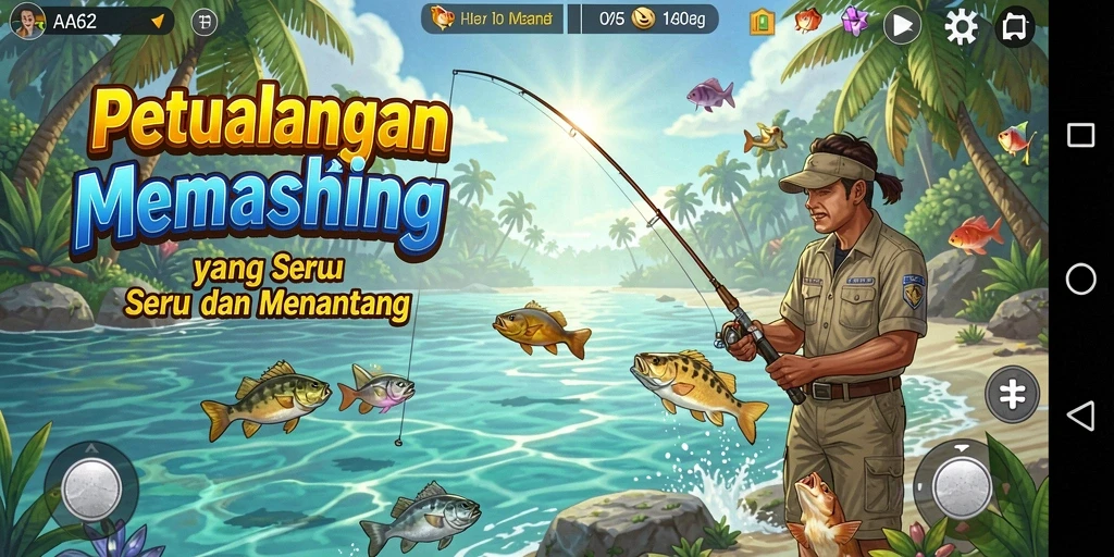Screenshot gameplay AA62 menampilkan aksi seru saat menangkap ikan.