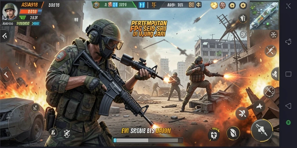 Screenshot permainan ASIA918 menampilkan aksi pertempuran FPS yang mendebarkan.