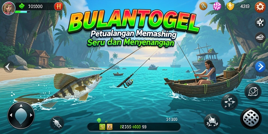 Screenshot utama BULANTOGEL menampilkan aksi memancing seru dan interaksi pemain.