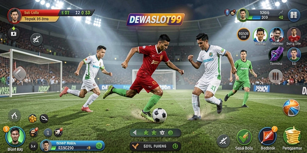 Tangkapan layar gameplay DEWASLOT99 dengan aksi sepak bola yang seru.