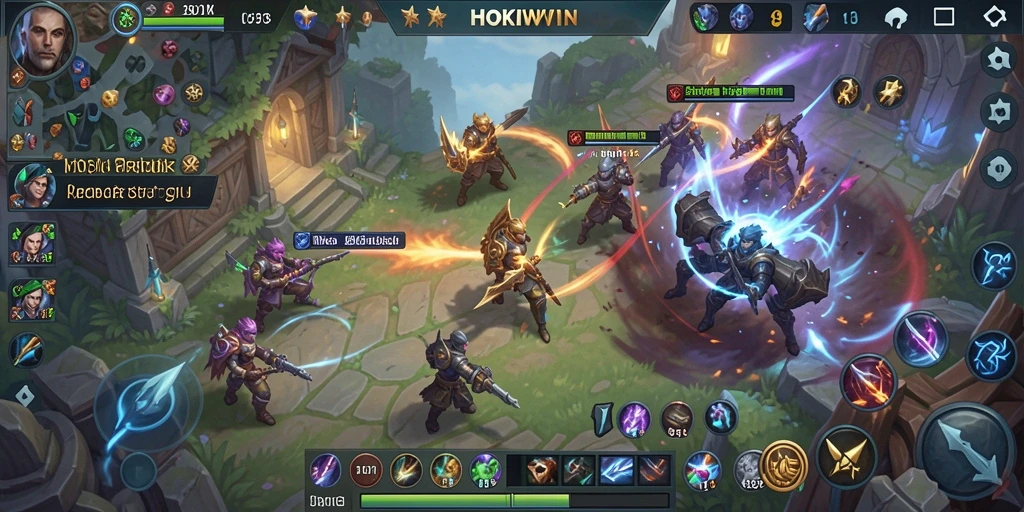 Screenshot HOKIWIN menampilkan pertempuran seru antar karakter MOBA.
