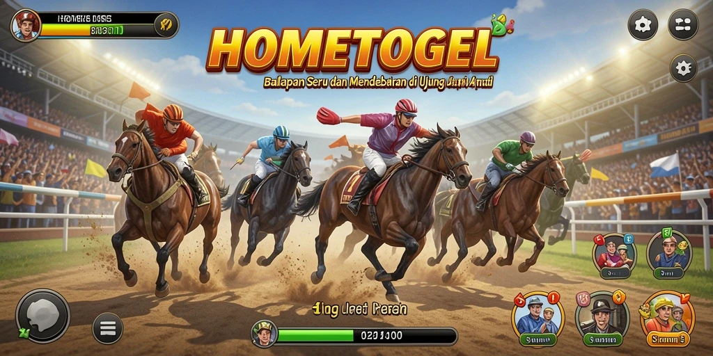 Tangkapan layar utama HOMETOGEL menampilkan aksi balapan yang intens.
