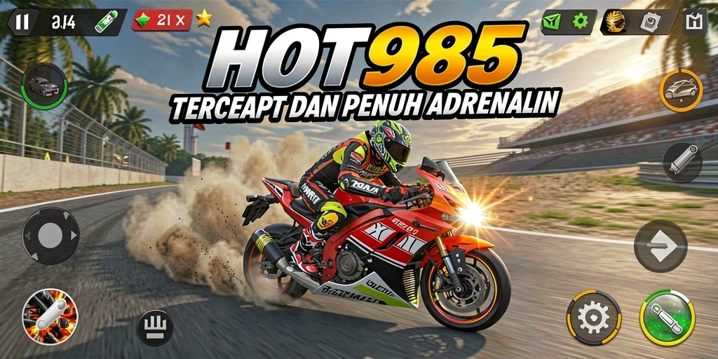 Gameplay HOT985 yang seru dan mendebarkan dalam balapan motor.
