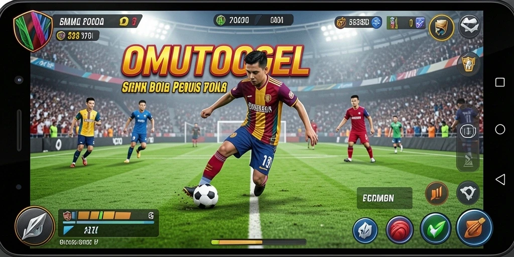 Screenshot gameplay OMUTOGEL menampilkan aksi seru pertandingan sepak bola.