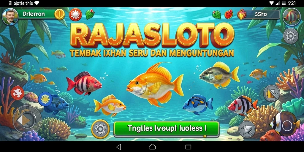 Tampilan gameplay RAJASLOTO dengan ikan berwarna-warni dan senjata menembak.