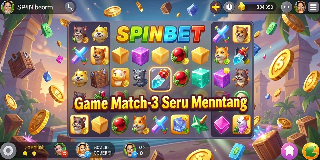 Tampilan gameplay Match-3 SPINBET yang menarik dan penuh warna.